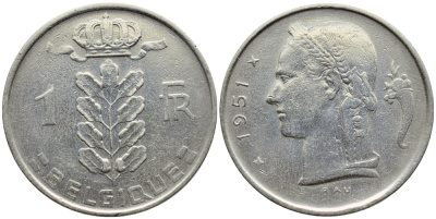 БЕЛЬГИЯ 1 ФРАНК 1951 BELGIQUE KM 142.1 медно-никель 4390-556