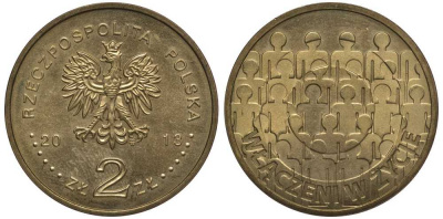Польша 2 злотых 2013 MW, 50 лет ассоциации для умственно отсталых людей KM 876 нордик 111-635