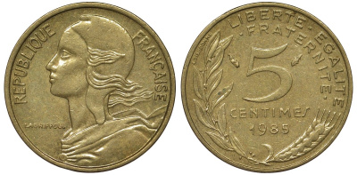 Франция 5 сантимов 1985 KM 933, Le Franс 125.21 медь алюминий никель 4124-554