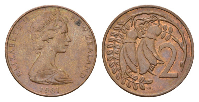 Новая Зеландия 2 цента 1981 Елизавета II (1952-2022), два цветка кохаи KM 32 бронза 4657-625