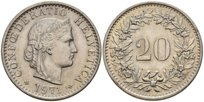 Швейцария 20 раппенов 1971 KM 29a медно-никель 4187-612
