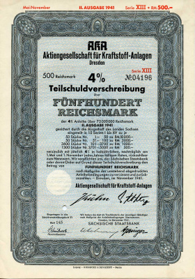 Германия 500 рейхсмарок 1941 АО топливных заводов, Дрезден, также известное как AKA, 4% частичное обязательство, облигация   бумага   8803-33-1
