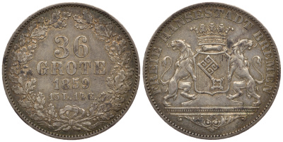 Бремен 36 гротенов 1859 15L. 14G. патина KM 243, Jaeger 21, AKS 1, Kahnt 159 серебро 00-000-00