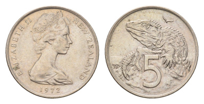 Новая Зеландия 5 центов 1972 Елизавета II (1952-2022), ящерица гаттерия KM 34.1 медно-никель UNC 4669-1166
