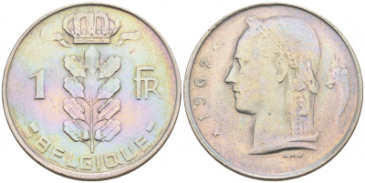 БЕЛЬГИЯ 1 ФРАНК 1967 BELGIQUE KM 142.1 медно-никель 68-637