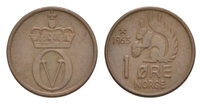 Норвегия 1 эре 1963 Улаф V (1957-1991) KM 403 бронза 4632-1115