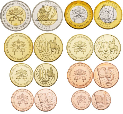 Ватикан набор из 8 монет 2005 PROBE, ESSAI, европробники большого формата, в капсулах, Sede Vacante, тираж 30000 экз. биметалл PROOF 5-4-1-93