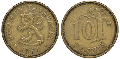 Финляндия 10 пенни 1964 KM 46 алюминиевая бронза 4122-432