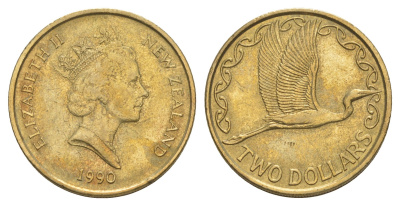 Новая Зеландия 2 доллара 1990 Елизавета II (1952-2022), большая белая цапля KM 79 алюминиевая бронза 4652-711