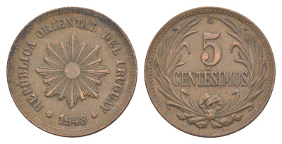 Уругвай 5 сентесимо 1948 KM 21a медь 4654-622