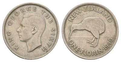 Новая Зеландия 2 шиллинга (флорин) 1949 Георг VI (1937-1952), птичка киви KM 18 медно-никель 4660-1031