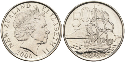 Новая Зеландия 50 центов 2006 Елизавета II (1952-2022), парусник Индевор KM 119а никелированная сталь 4579-1037