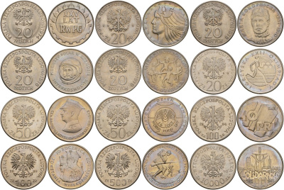 Польша набор из 12 монет (20, 50, 100, 500 и 10000 злотых) 1974, 1975, 1978, 1979, 1980, 1981, 1984, 1988, 1989, 1990 Y 70, Y 75, Y 95, Y 97, Y 99, Y 108, Y 122, Y 127, Y 151,Y 182, Y 185 и Y 195 медно-никель UNC 3-6-5-18