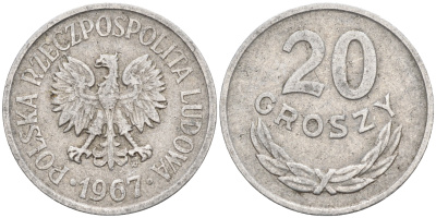 Польша 20 грошей 1967 MW KM А47 алюминий    4174-711