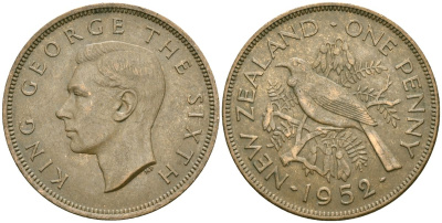 Новая Зеландия 1 пенни 1952 Георг VI (1936-1952), новозеландский туи KM 21 бронза 3457-142