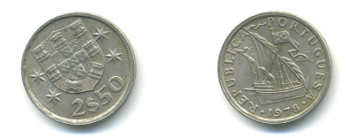 ПОРТУГАЛИЯ 2,5 ЭСКУДО 1978 ПАРУСНИК KM 590 медно-никель 80-424