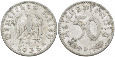 Германия 50 рейхспфеннигов 1935 D KM 87, J.368 алюминий 110-311
