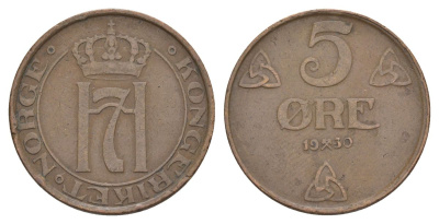 Норвегия 5 эре 1930 Хокон VII (1905-1957) KM 368 бронза 4635-525