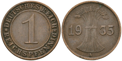 Германия 1 рейхспфенниг 1935 A KM 37, J. 313 бронза 4189-1269
