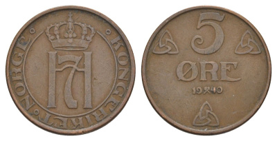 Норвегия 5 эре 1940 Хокон VII (1905-1957) KM 368 бронза 4635-533