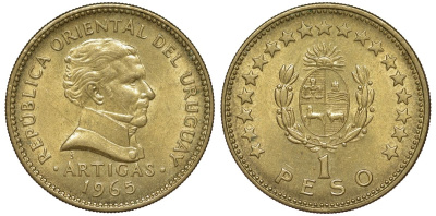 Уругвай 1 песо 1965 KM 46 алюминиевая бронза 24-1237
