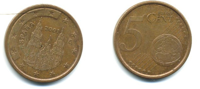 ИСПАНИЯ 5 ЕВРОЦЕНТОВ 2001 KM 1042 сталь плакированная медью 29-1151