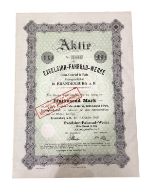 Германия акция на 1000 марок 1923 Excelsior-Fahrrad-Werke Excelsior / мотозавод, Бранденбург  бумага 5555-15