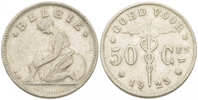 БЕЛЬГИЯ 50 САНТИМОВ 1923 BELGIE KM 88 никель 261-1647