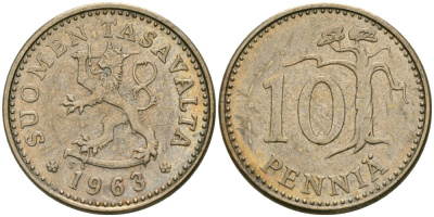 Финляндия 10 пенни 1963 KM 46 алюминиевая бронза 4576-1025