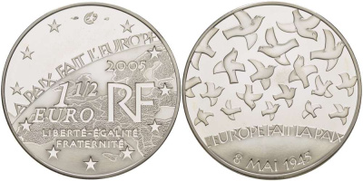 Франция 1 1/2 евро 2005 60 лет мира в Европе, голуби мира КМ 1441 серебро PROOF 02-040-25