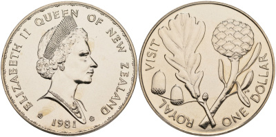 Новая Зеландия 1 доллар 1981 Королевский визит, английский дуб, Елизавета II (1952-2022) KM 50 медно-никель UNC 58-623
