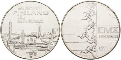 Финляндия 10 марок 1971 S-H, X Чемпионат Европы по легкой атлетике KM 52 серебро 4558-335