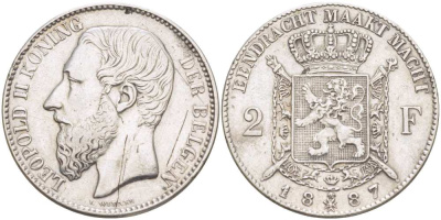 Бельгия 2 франка 1887 Леопольд II (1865-1909), Belgen KM 31 серебро 00-814-15