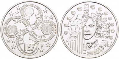 Франция 1/4 евро 2003 первая годовщина евровалюты KM 1991 серебро UNC 1084-7-11