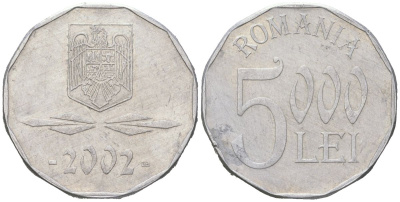 Румыния 5000 леев (лей) 2002 KM 158 алюминий 4584-423