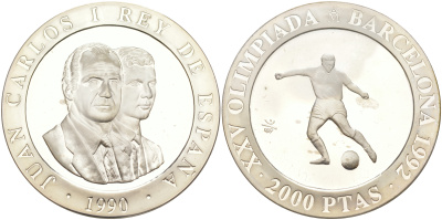 Испания 2000 песет 1990 XXV летние Олимпийские игры 1992 года в Барселоне, футбол KM 862 серебро PROOF 1072-8-14