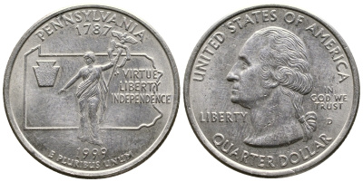 США 25 центов = квотер 1999 D, серия штаты США, Пенсильвания KM 294 медь плакированная медно-никелем 23-731