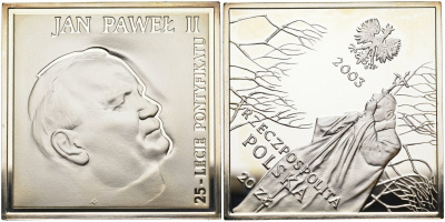 Польша 20 злотых 2003 MW, 25 лет Понтификата, Иоанн Павел II, размер 40Х40 мм., в пластике KM 471 серебро PROOF 05-139-24
