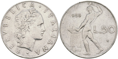 Италия 50 лир 1955 R, бог огня Вулкан у наковальни KM 95.1 нержавеющая сталь 4171-1014