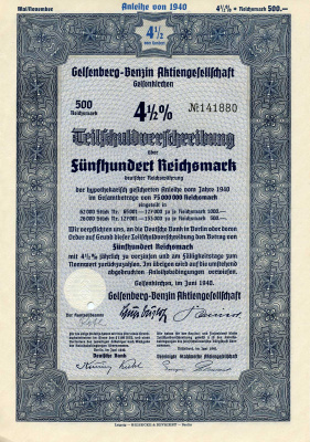 Германия 500 рейхсмарок 1940 АО Гельсенберг-Бензин, 4-1/2% частичное обязательство, облигация   бумага  8804-10-1