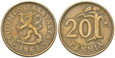 Финляндия 20 пенни 1963 S KM 47 алюминиевая бронза 4589-543