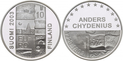 Финляндия 10 евро 2003 200 лет со дня смерти Андерса Чудениуса KM 110 серебро PROOF 11-148-45