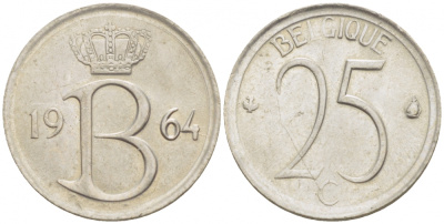 Бельгия 25 сантимов 1964 Belgique, Бодуэн I (1951-1993) KM 153.1 медно-никель 4528-136