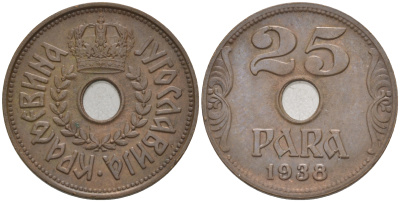 Югославия 25 пара 1938  KM 17 бронза     aUNC 106-142