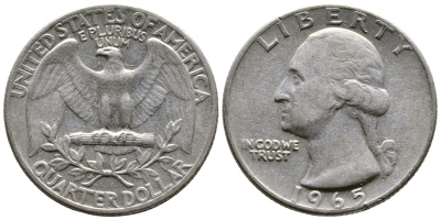 США 25 центов (квотер) 1965 Вашингтон KM 164а медь плакированная медно-никелем 4382-1244