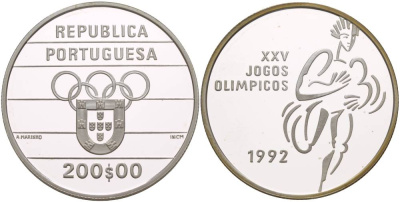 Португалия 200 эскудо 1992 XXV летние Олимпийские Игры, Барселона 1992 KM 662а серебро PROOF 1088-10-42