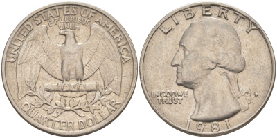 США 25 ЦЕНТОВ = КВОТЕР 1981 P, ВАШИНГТОН KM A164a медь плакированная медно-никелем 4114-824