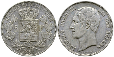 Бельгия 5 франков 1851 Леопольд I (1831-1865) KM 17 серебро 00-1067-5-32
