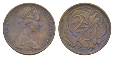 Австралия 2 цента 1971 Елизавета II (1952-2022), плащеносная ящерица KM 63 бронза 4655-1234