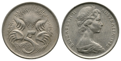 АВСТРАЛИЯ 5 ЦЕНТОВ 1980 ЕЛИЗАВЕТА II, МОЛОДОЙ ПОРТРЕТ, ЕХИДНА KM 64 медно-никель 89-1443